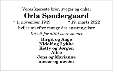 Dødsannoncen for Orla Søndergaard - Thisted