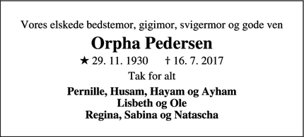 Dødsannoncen for Orpha Pedersen - Skive