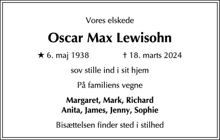 Dødsannoncen for Oscar Max Lewisohn - London