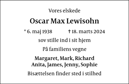 Dødsannoncen for Oscar Max Lewisohn - London