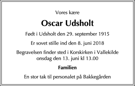 Dødsannoncen for Oscar Udsholt - Hørve