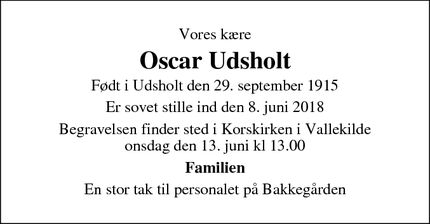 Dødsannoncen for Oscar Udsholt - Hørve