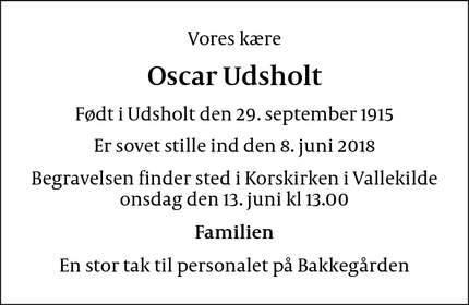 Dødsannoncen for Oscar Udsholt - Hørve