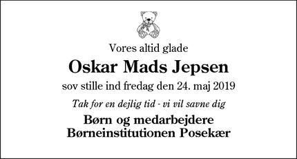Dødsannoncen for Oskar Mads Jepsen - Aabenraa