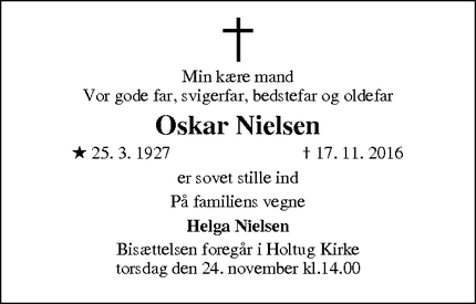 Dødsannoncen for Oskar Nielsen - Rødvig Stevns