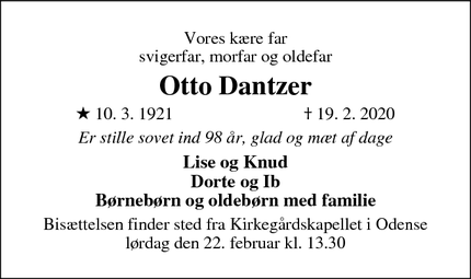 Dødsannoncen for Otto Dantzer - Odense