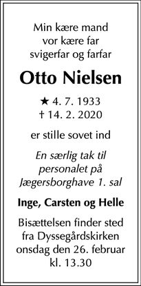 Dødsannoncen for Otto Nielsen - Hellerup