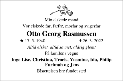 Dødsannoncen for Otto Georg Rasmussen - Korinth/Faaborg