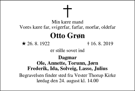 Dødsannoncen for Otto Grøn - Aarhus