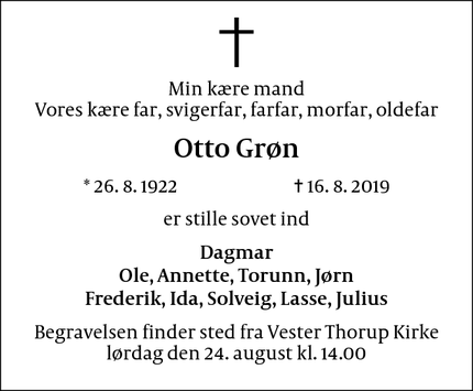 Dødsannoncen for Otto Grøn - Aarhus