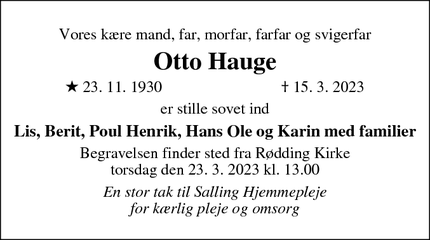 Dødsannoncen for Otto Hauge - Rødding (7860 Spøttrup)