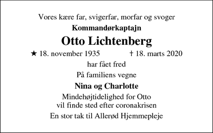 Dødsannoncen for Otto Lichtenberg - Allerød