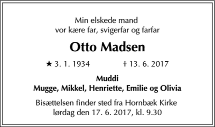 Dødsannoncen for Otto Madsen - Hornbæk