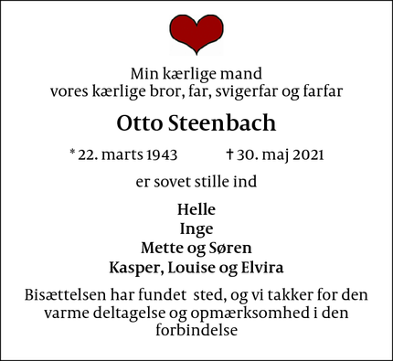Dødsannoncen for Otto Steenbach - København K