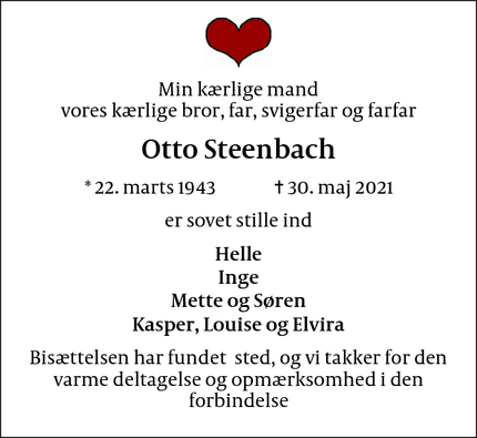 Dødsannoncen for Otto Steenbach - København K
