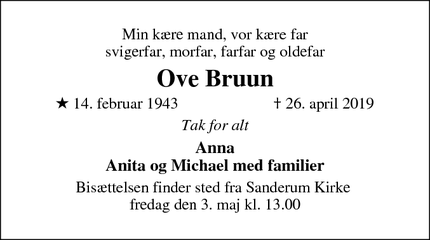 Dødsannoncen for Ove Bruun - Dyrup