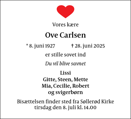 Dødsannoncen for Ove Carlsen - Virum