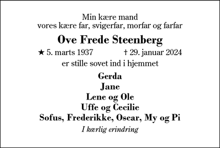 Dødsannoncen for Ove Frede Steenberg - 7451  Sunds