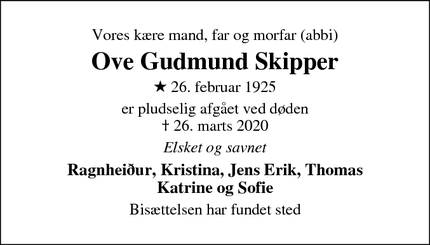Dødsannoncen for Ove Gudmund Skipper - Silkeborg