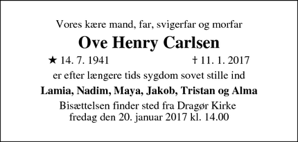 Dødsannoncen for Ove Henry Carlsen  - København