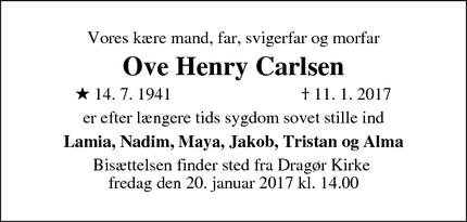 Dødsannoncen for Ove Henry Carlsen - København