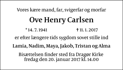 Dødsannoncen for Ove Henry Carlsen - København