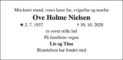 Dødsannoncen for Ove Holme Nielsen - Odense Hjallese