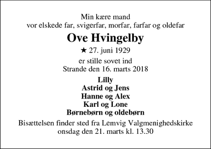 Dødsannoncen for Ove Hvingelby - Lemvig