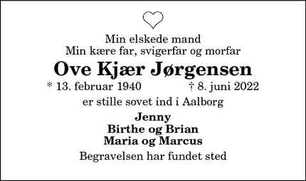 Dødsannoncen for Ove Kjær Jørgensen - Aalborg