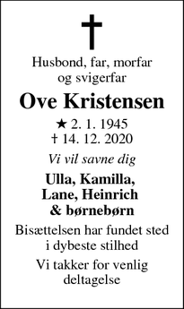 Dødsannoncen for Ove Kristensen - Odense