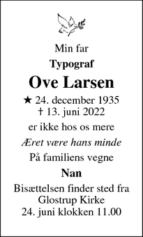Dødsannoncen for Ove Larsen - Glostrup