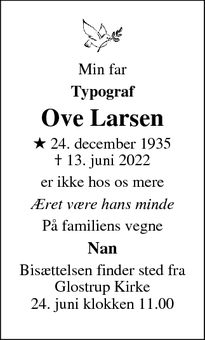 Dødsannoncen for Ove Larsen - Glostrup