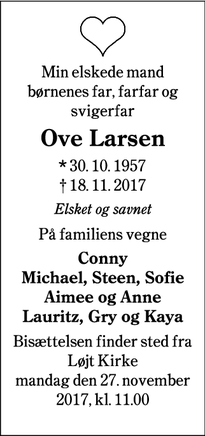 Dødsannoncen for Ove Larsen - Løjt Kirkeby