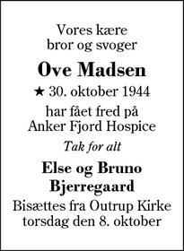 Dødsannoncen for Ove Madsen - Outrup