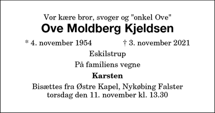 Dødsannoncen for Ove Moldberg Kjeldsen - Eskildstrup