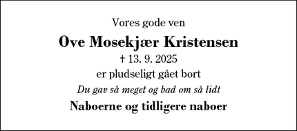 Dødsannoncen for Ove Mosekjær Kristensen - Kibæk