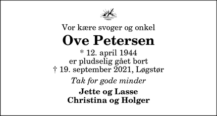 Dødsannoncen for Ove Petersen - Løgstør