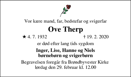 Dødsannoncen for Ove Therp - Brøndby