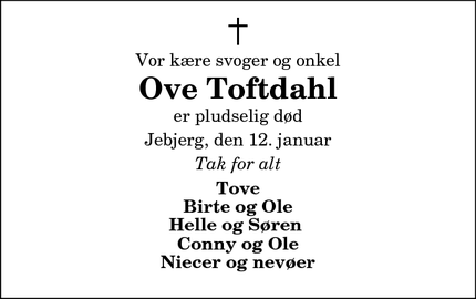 Dødsannoncen for Ove Toftdahl - Østervrå