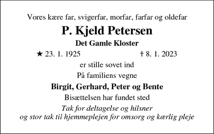Dødsannoncen for P. Kjeld Petersen - Slagelse