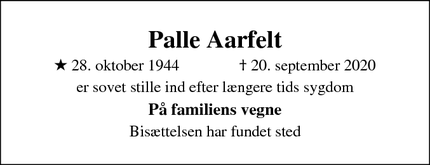 Dødsannoncen for Palle Aarfelt - Rødovre