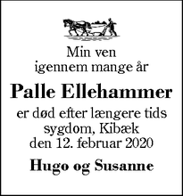 Dødsannoncen for Palle Ellehammer - Kibæk