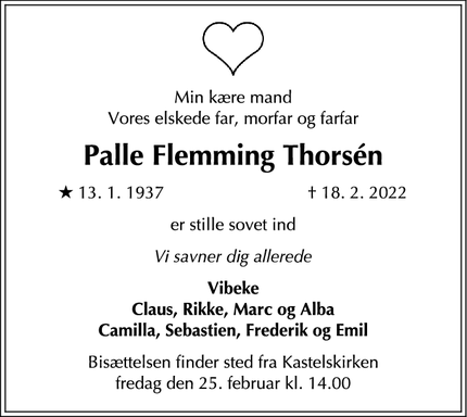 Dødsannoncen for Palle Flemming Thorsén - København