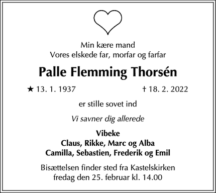 Dødsannoncen for Palle Flemming Thorsén - København