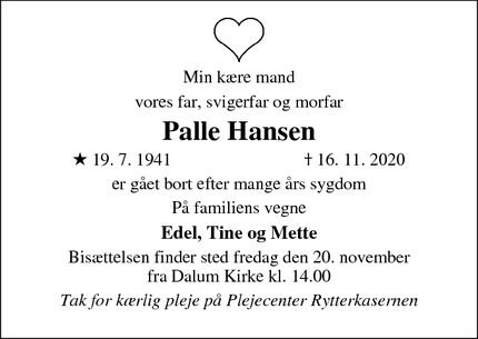 Dødsannoncen for Palle Hansen - Odense
