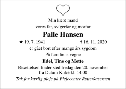 Dødsannoncen for Palle Hansen - Odense