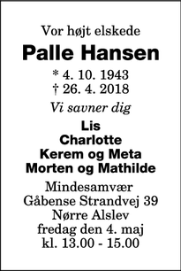 Dødsannoncen for Palle Hansen - Gåbense, Nr. Alslev