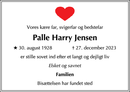 Dødsannoncen for Palle Harry Jensen - Farum