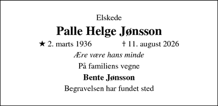 Dødsannoncen for Palle Helge J&oslash;nsson - Nykøbing F