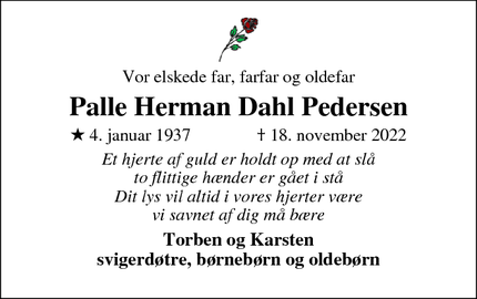 Dødsannoncen for Palle Herman Dahl Pedersen - Rønne